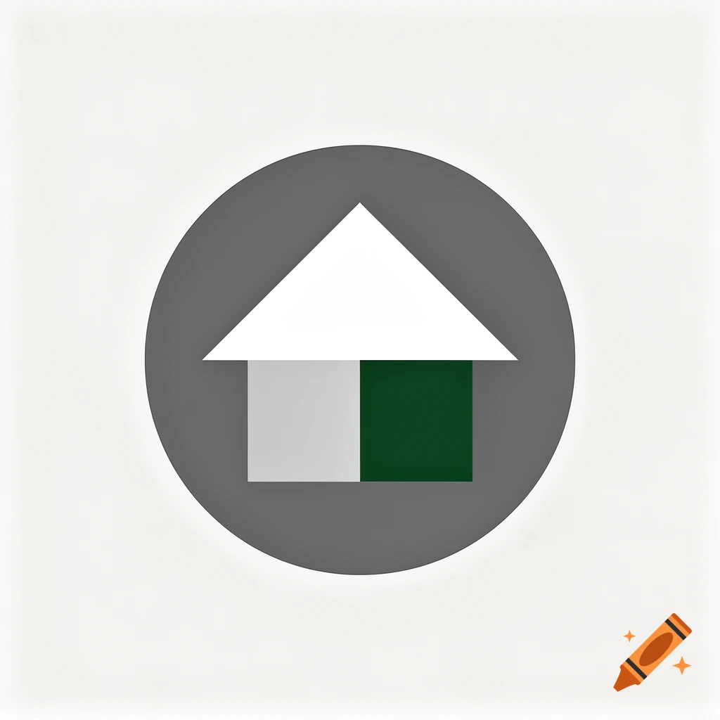 Minimalist house symbol with a white roof and a two-toned body (light gray and dark green) inside a gray circle on a white background.