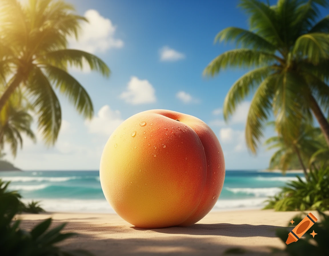 A close-up, photorealistic image of a ripe peach with water droplets on a sandy beach, with palm trees and ocean in the background.