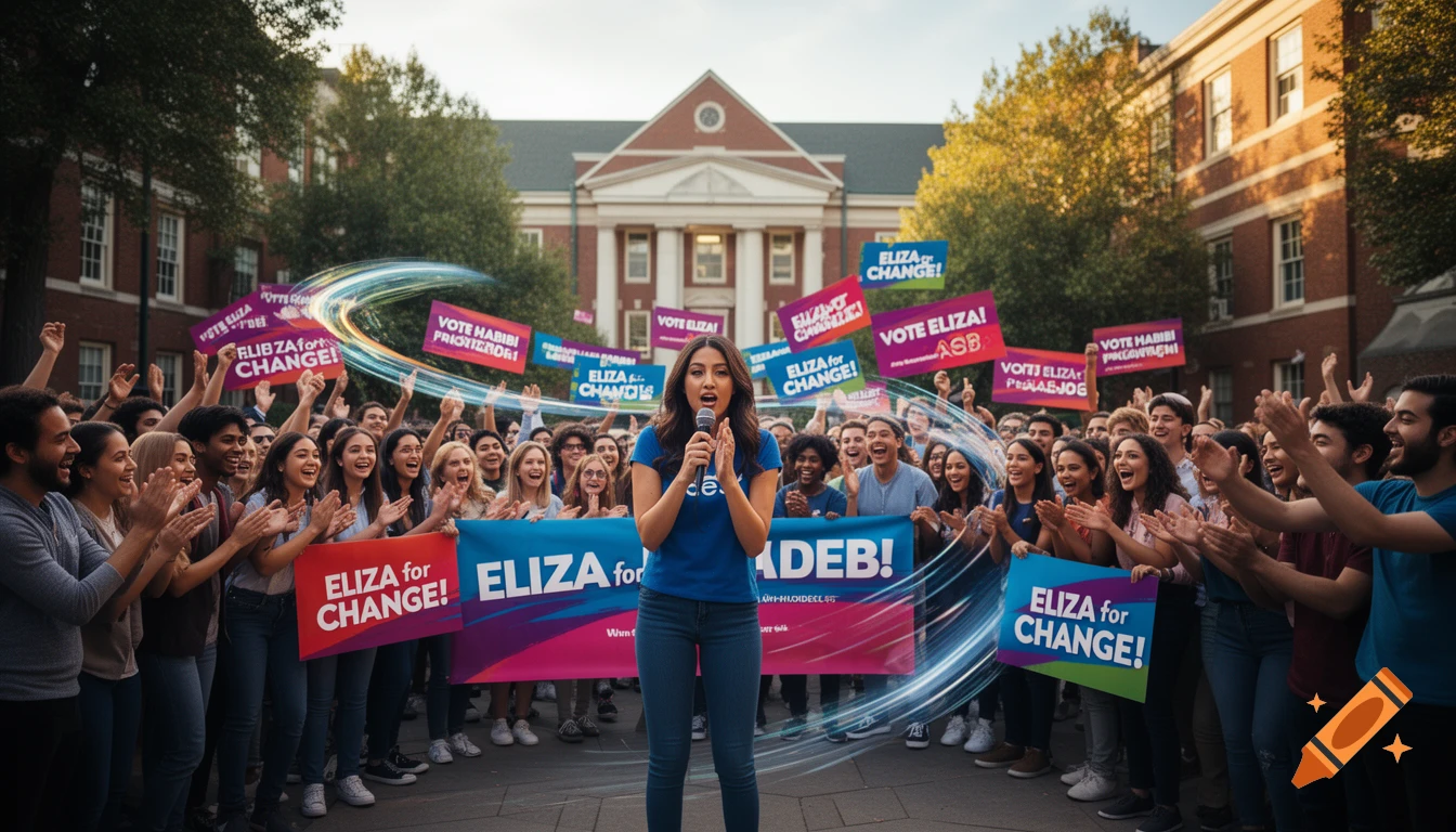 A woman speaks into a microphone at a university rally, surrounded by a cheering, clapping crowd holding campaign signs.