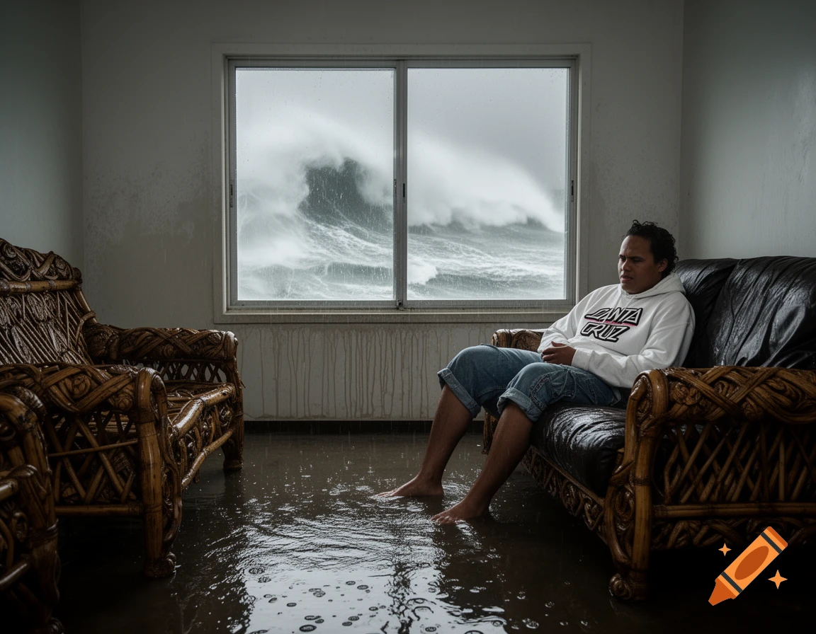 Photorealistic image of a man sitting in a flooded room, gazing out a window at huge ocean waves.