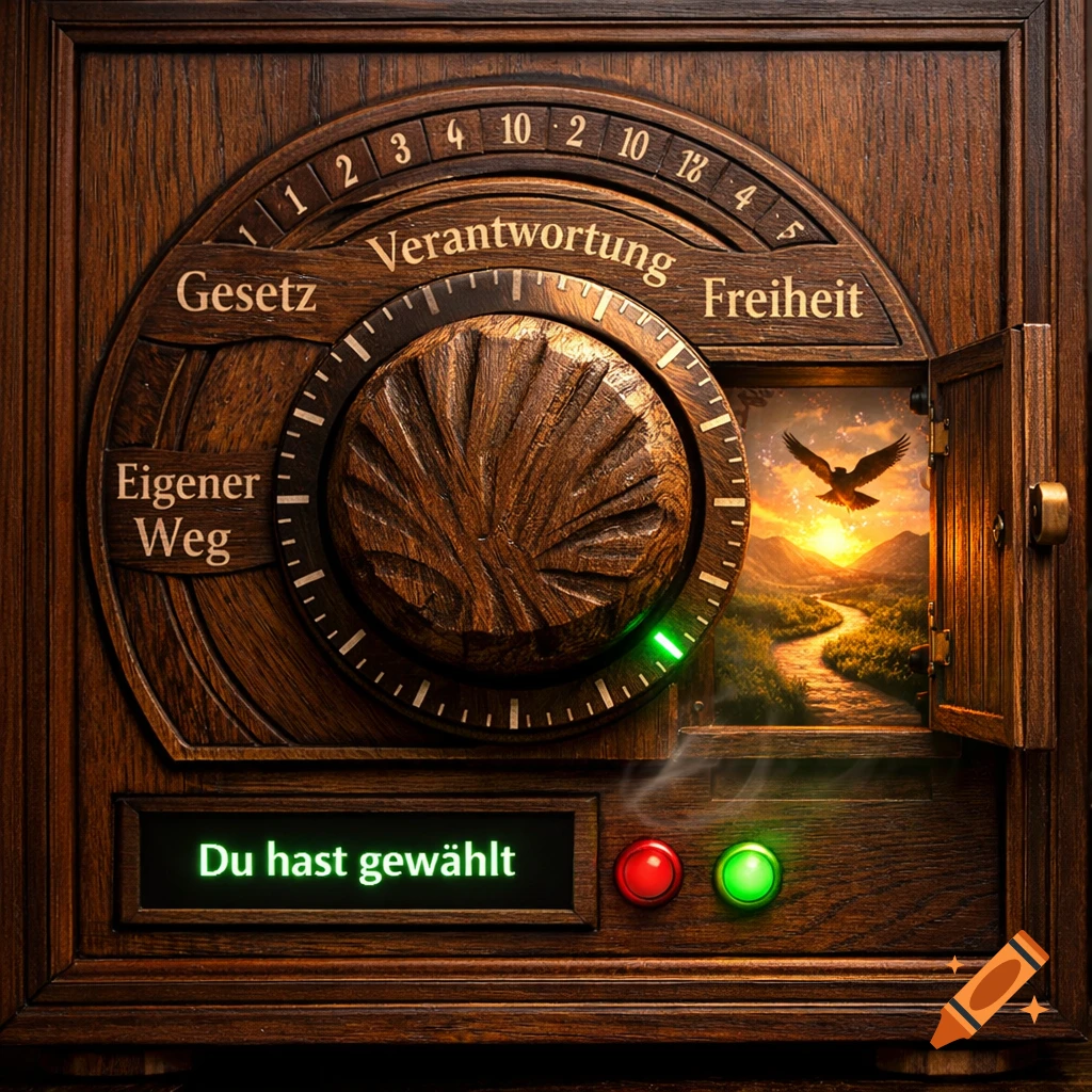 A detailed wooden control panel with a large dial, labeled with German words like 'Gesetz' and 'Freiheit'. A small door reveals a scenic path and an eagle at sunset.