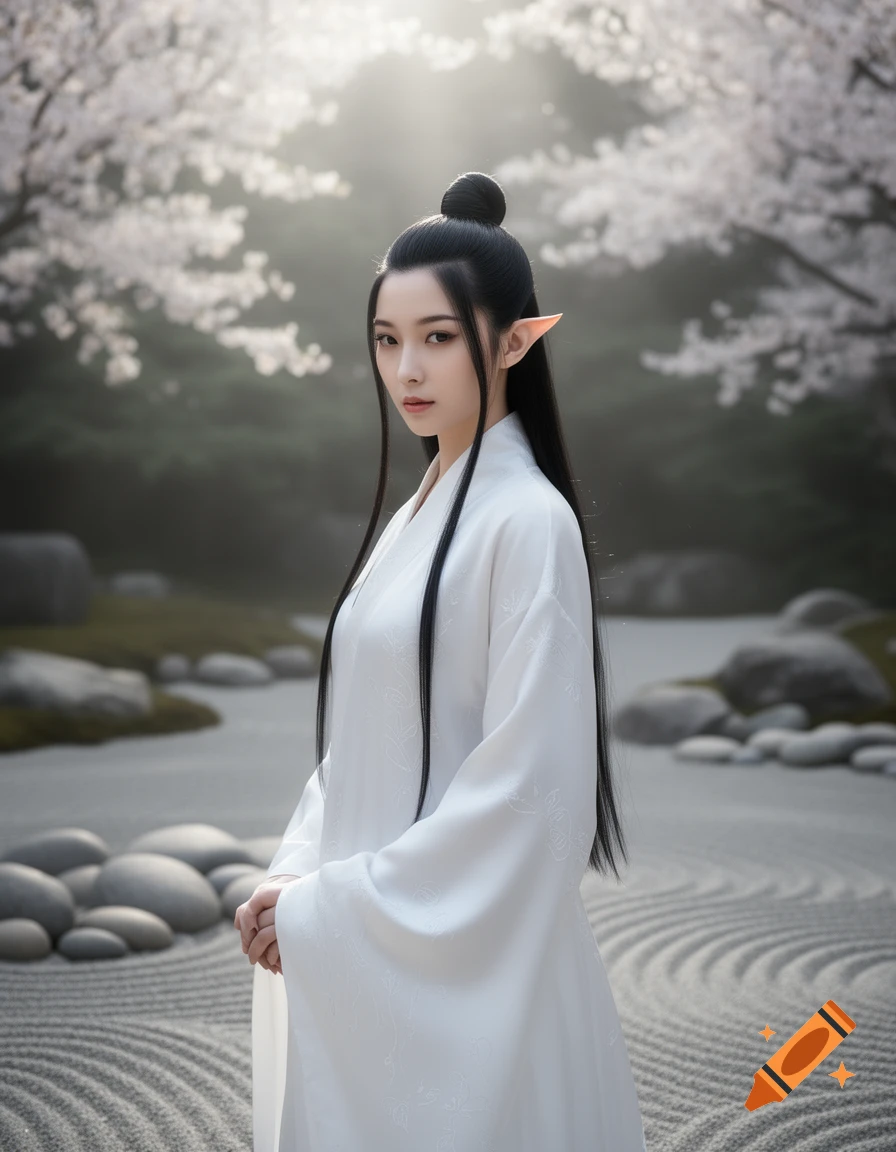 A female elf with long black hair tied in a top knot wears a white monk-like robe, standing in a serene Japanese garden.