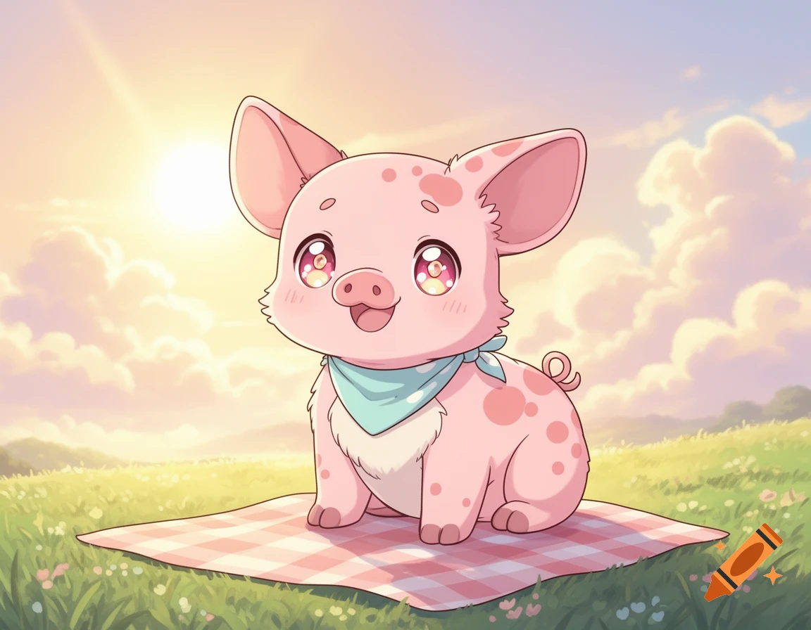 A cute anime-style pink piglet with spots and big sparkly eyes wears a blue bandana, sitting on a picnic blanket in a sunny field with fluffy clouds.
