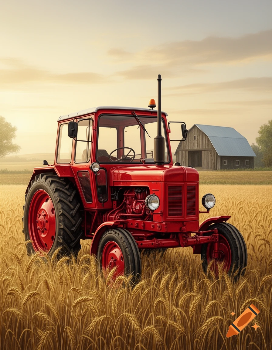 A red tractor stands in a golden wheat field with a barn in the background under a soft, hazy sky.