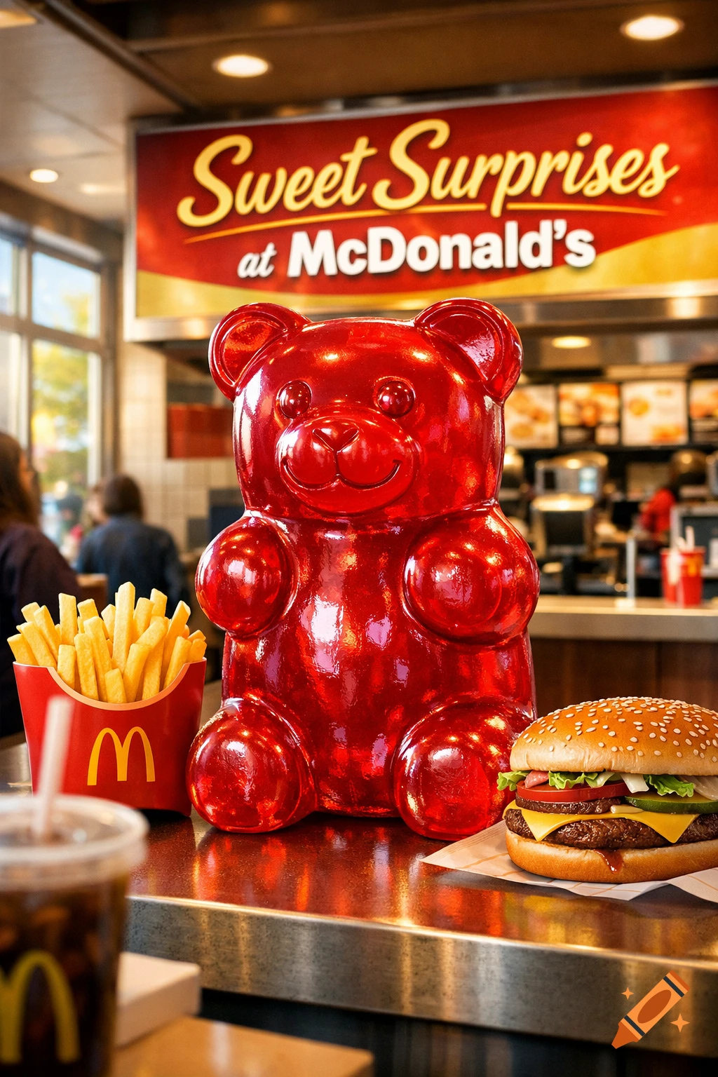 A large red gummy bear sits on a counter next to McDonald's fries, a burger, and a drink, in a photorealistic McDonald's restaurant.