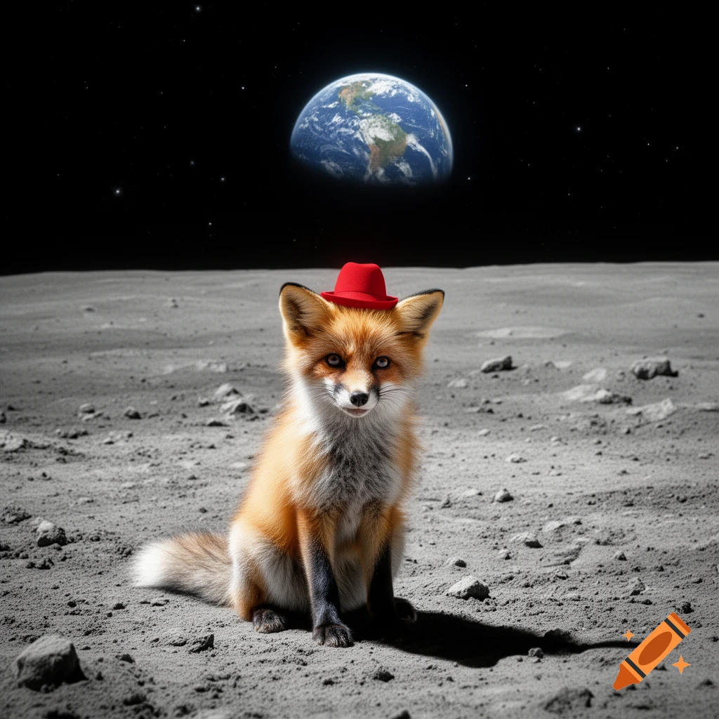 A cute, photorealistic fox wearing a red hat sits on the moon's surface with Earth visible in the starry black sky.