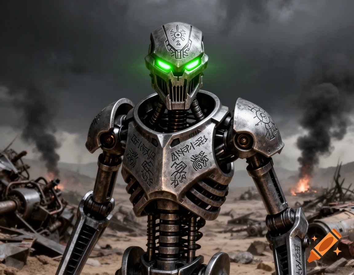 A metallic Necron robot with glowing green eyes stands in a desolate, smoke-filled warzone.