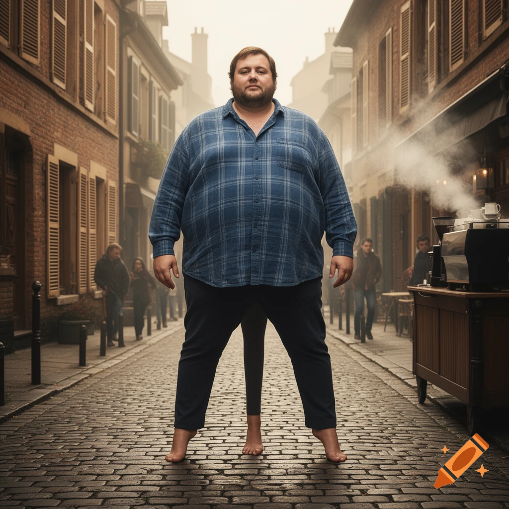A large man in a plaid shirt stands barefoot with three legs on a cobblestone street, flanked by old buildings and a coffee cart in a foggy, photorealistic scene.