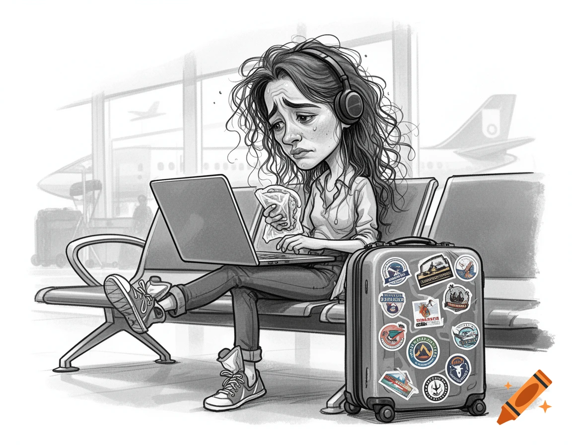 Black and white caricature of a stressed woman with headphones and laptop at an airport, next to a sticker-covered suitcase.
