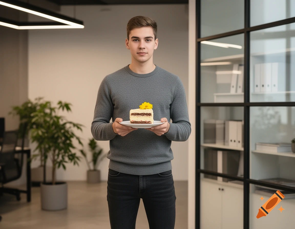 A young man holding a slice of cake with a yellow flower on a plate in a modern office.
