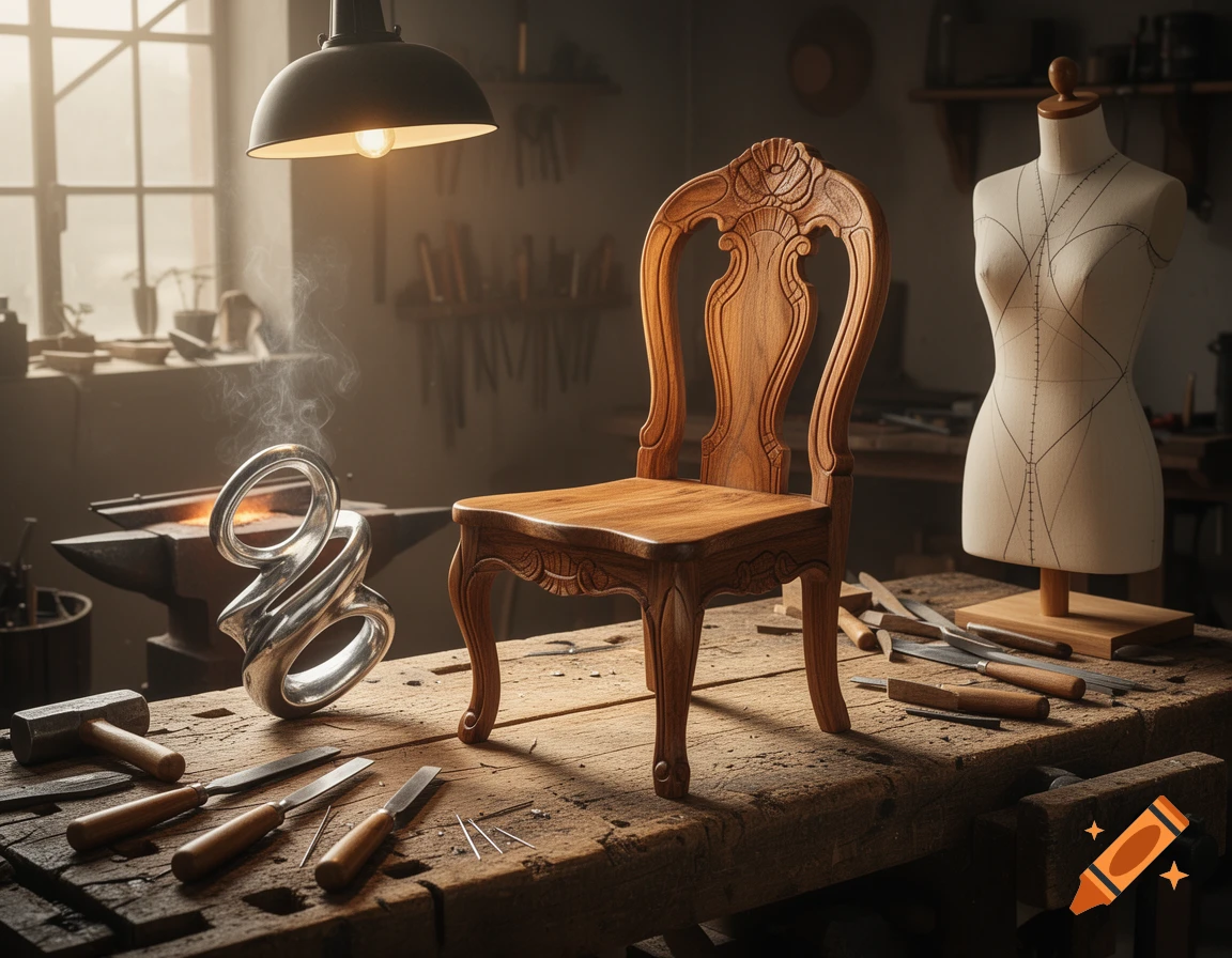 Photorealistic image of a workshop workbench with a carved wooden chair, metal sculpture, mannequin, and tools.
