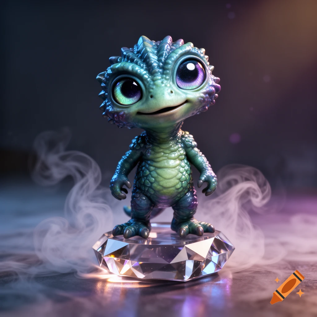 A cute, stylized green and purple fantasy creature with large eyes stands on a multifaceted crystal surrounded by smoke.
