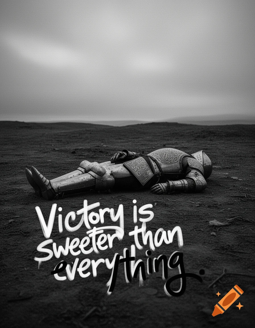 Black-and-white, grainy photo of a medieval knight in armor lying on desolate ground with graffiti text 'Victory is sweeter than everything'.