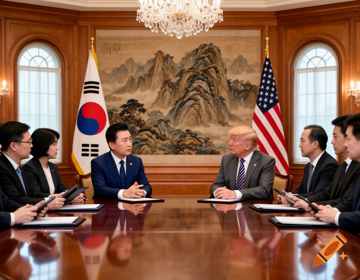 The South Korean President and US President Donald Trump in a formal summit, flanked by advisors, with flags.