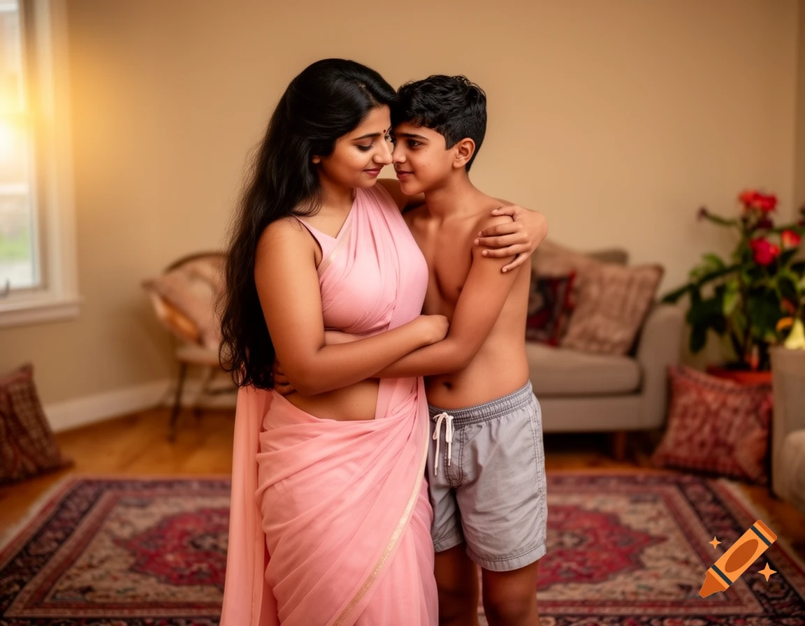 A photorealistic image of an Indian woman in a pink saree embracing a young boy in gray shorts in a living room.