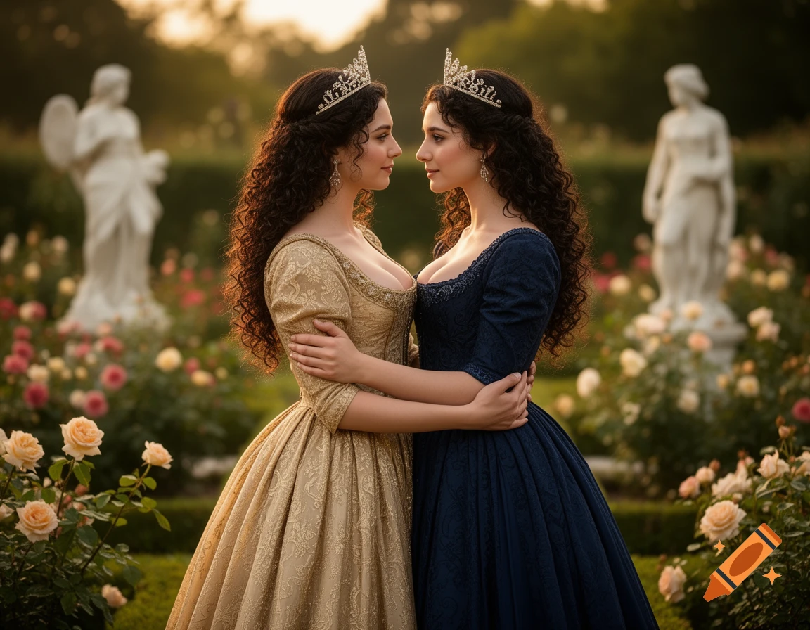 Two queens in elaborate gold and blue gowns embrace in a rose garden at sunset.