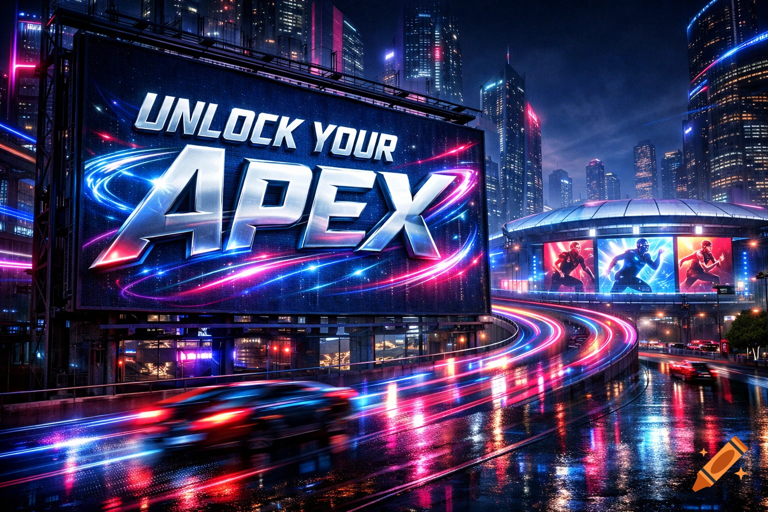 A neon-lit futuristic city at night with a large billboard displaying 'UNLOCK YOUR APEX' and light trails from speeding cars on a wet road.