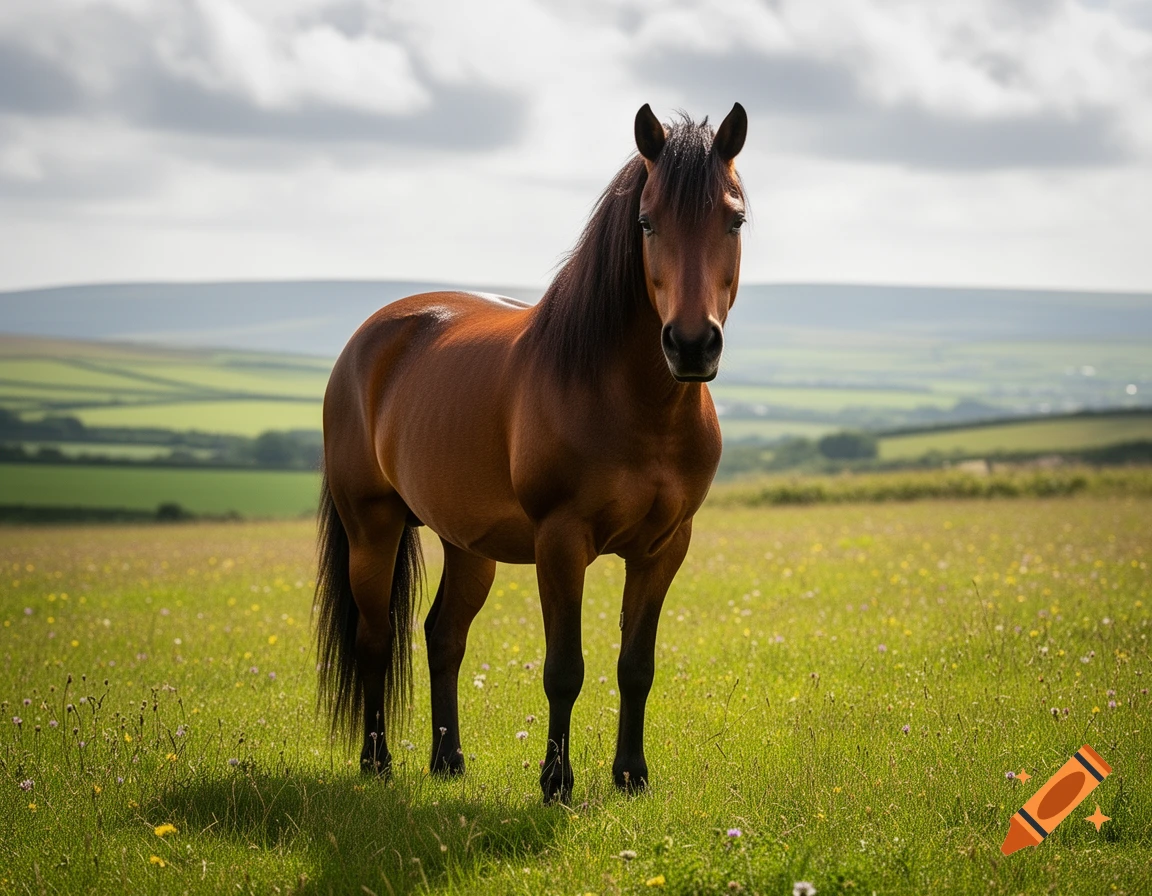 A brown horse with a dark mane stands in a green, wildflower-dotted field under a cloudy sky.