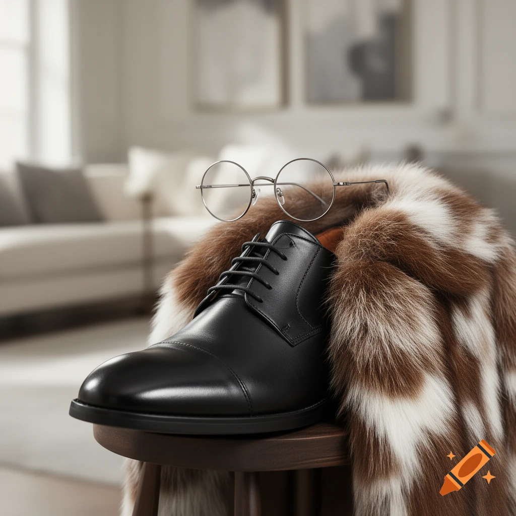 A black leather dress shoe, round glasses, and a brown and white fur coat on a wooden stool in a blurred room.