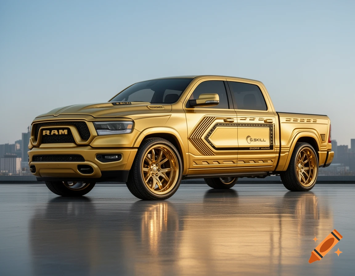 A gold-plated custom Dodge Ram pickup truck with "RAM" on the grill and "G.SKILL" branding on the side, parked on a reflective surface.