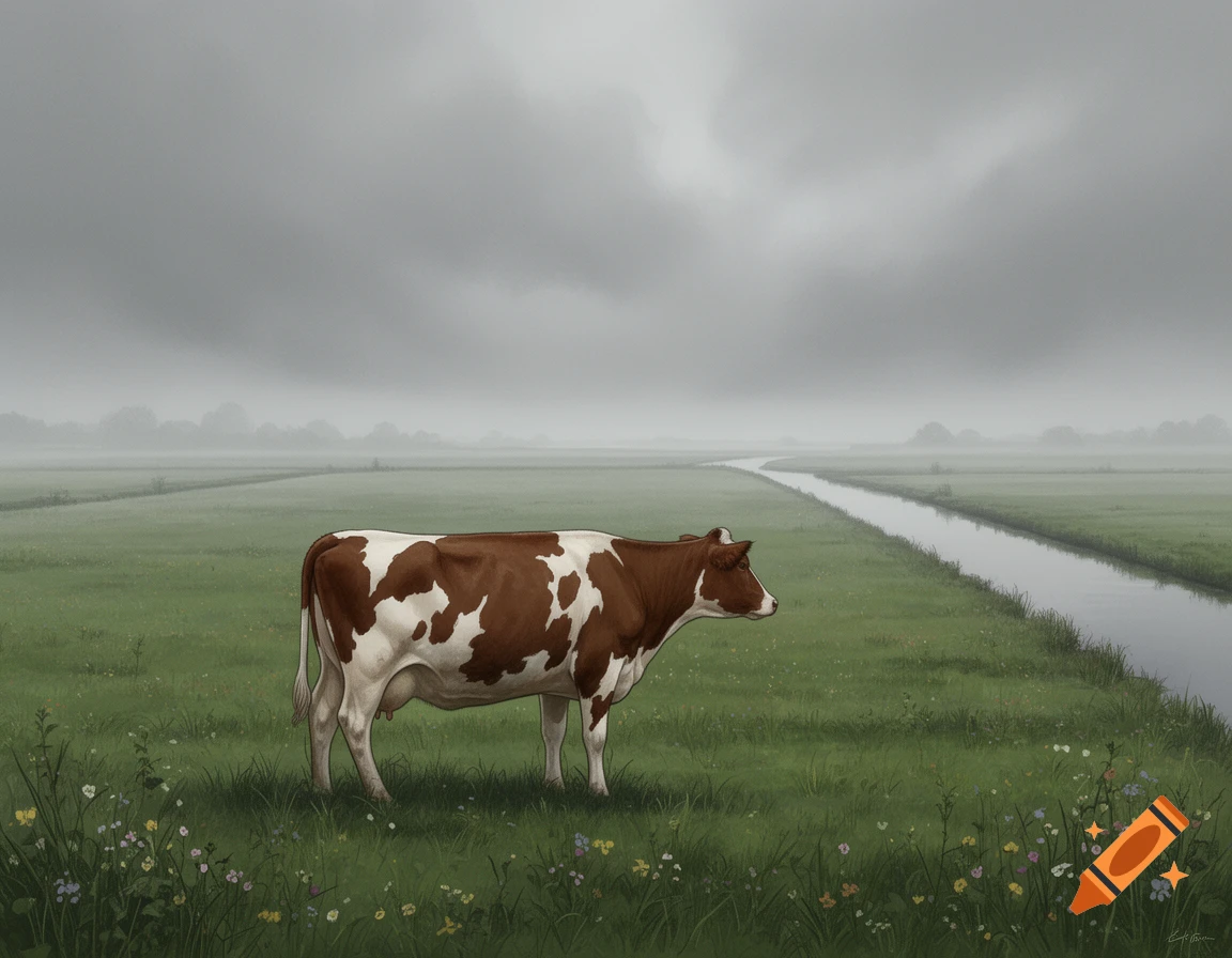 A brown and white cow stands in a green field with a winding river under a grey, misty sky.