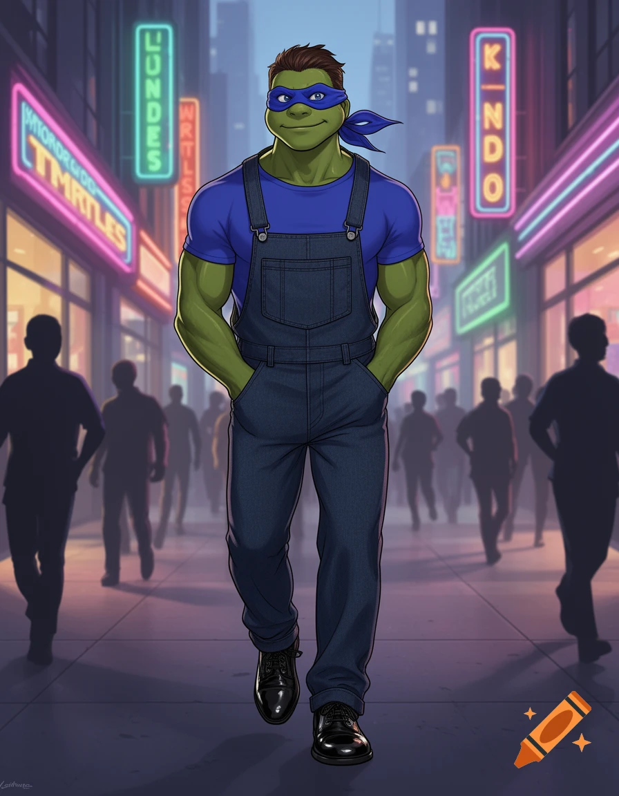 Leonardo from TMNT in overalls and a blue mask, walking on a city street at night lined with neon signs.