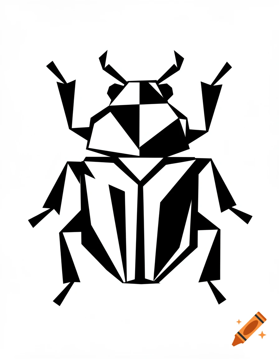 A black and white abstract cubist style illustration of a scarab beetle.