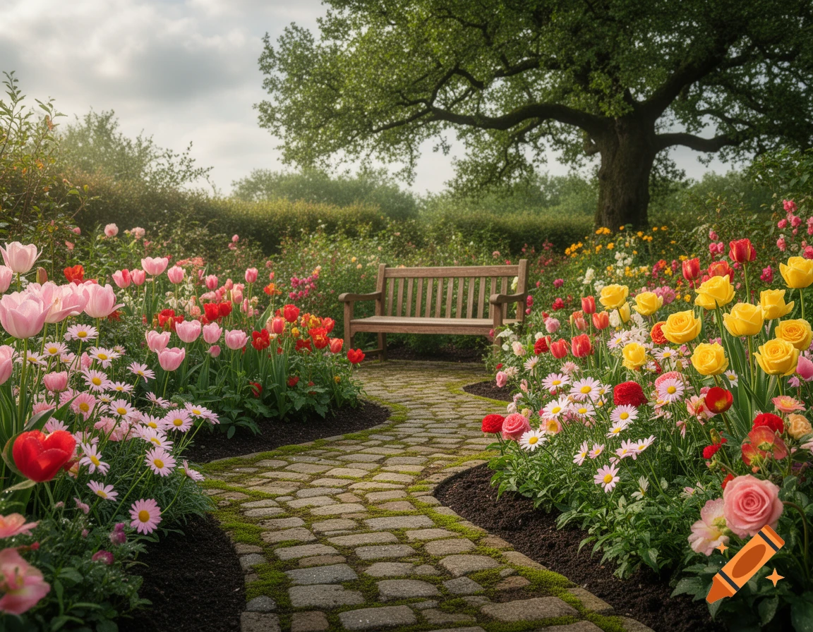 A winding stone path leads through a vibrant garden with colorful ...