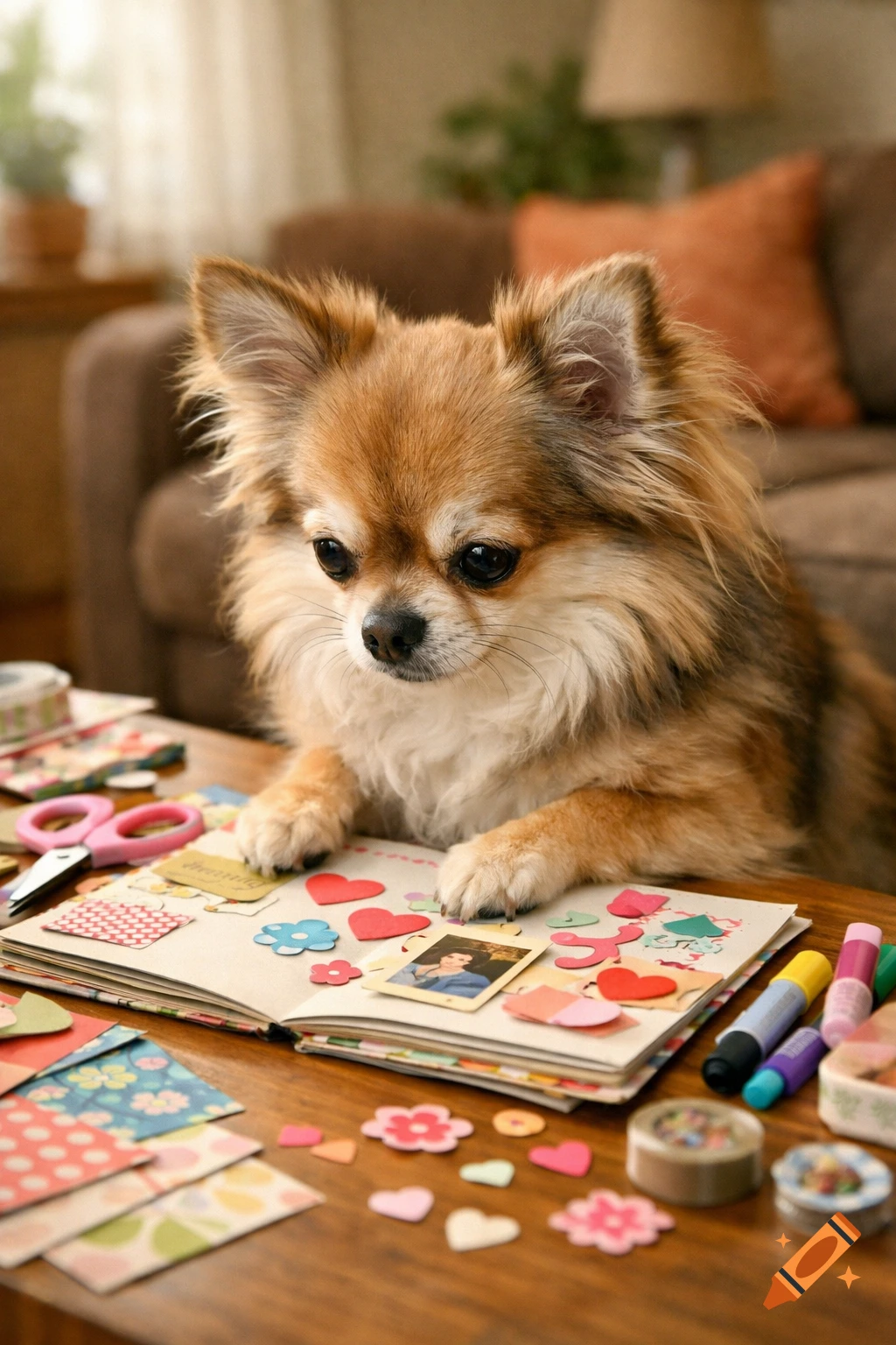 A fluffy, long-haired chihuahua with fawn and black markings sits at a table, its paws on an open scrapbook with colorful crafts.