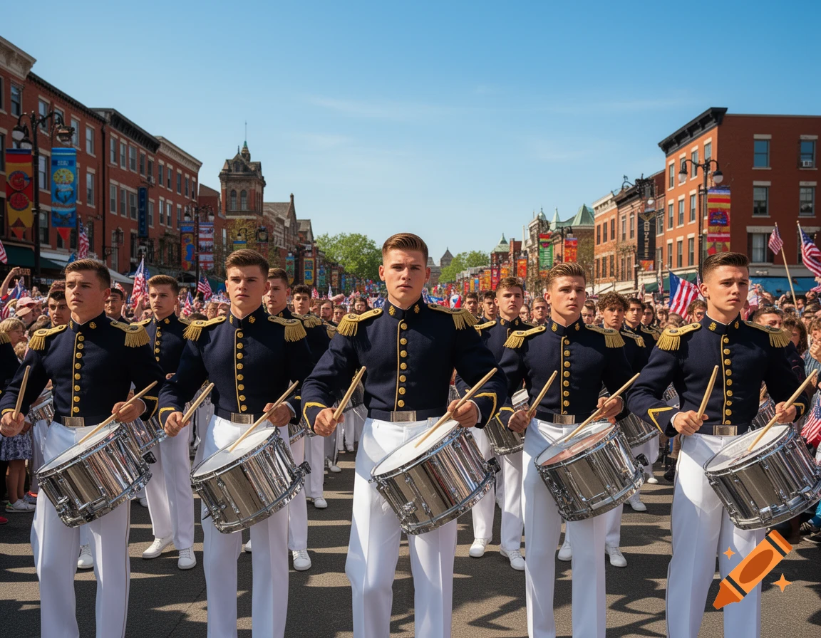A marching band of young men in navy and gold uniforms play drums during a parade on a sunny day in a city street decorated with American flags.