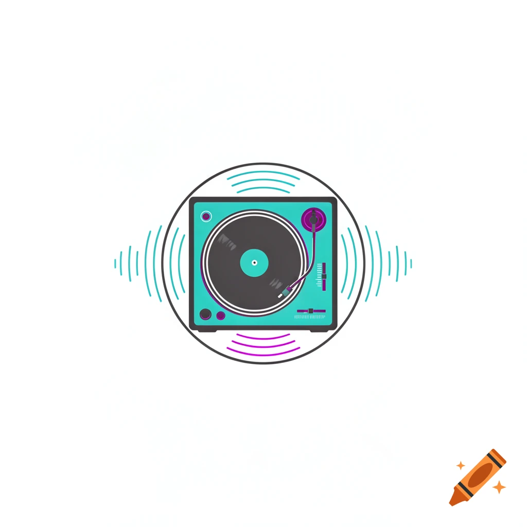 Stylized turquoise and magenta DJ turntable with sound waves, a simple graphic design.