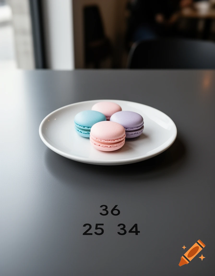 Four pastel macarons on a white plate on a dark grey table with numbers 36, 25, 34 printed below.
