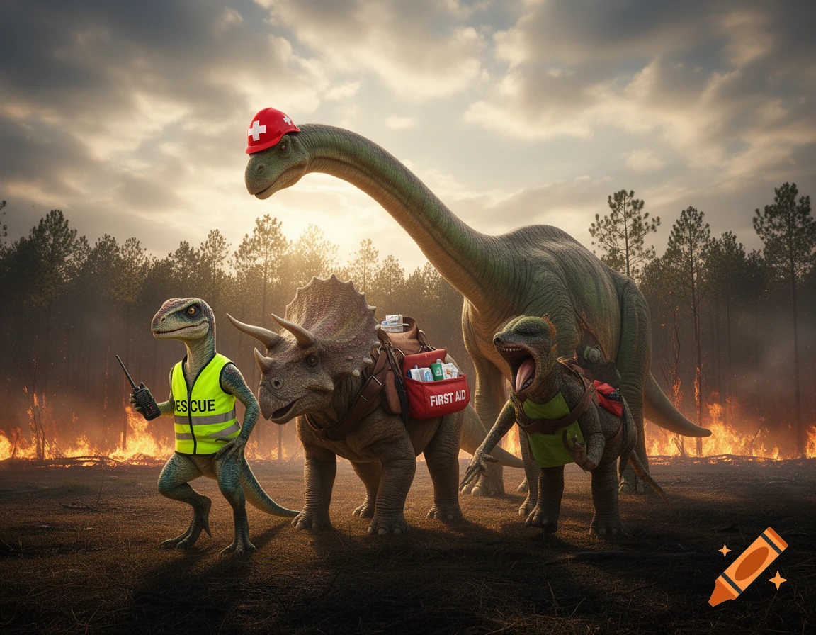 A raptor in a RESCUE vest, a triceratops with a FIRST AID pack, and a long-neck dinosaur in a medic hat stand before a wildfire.
