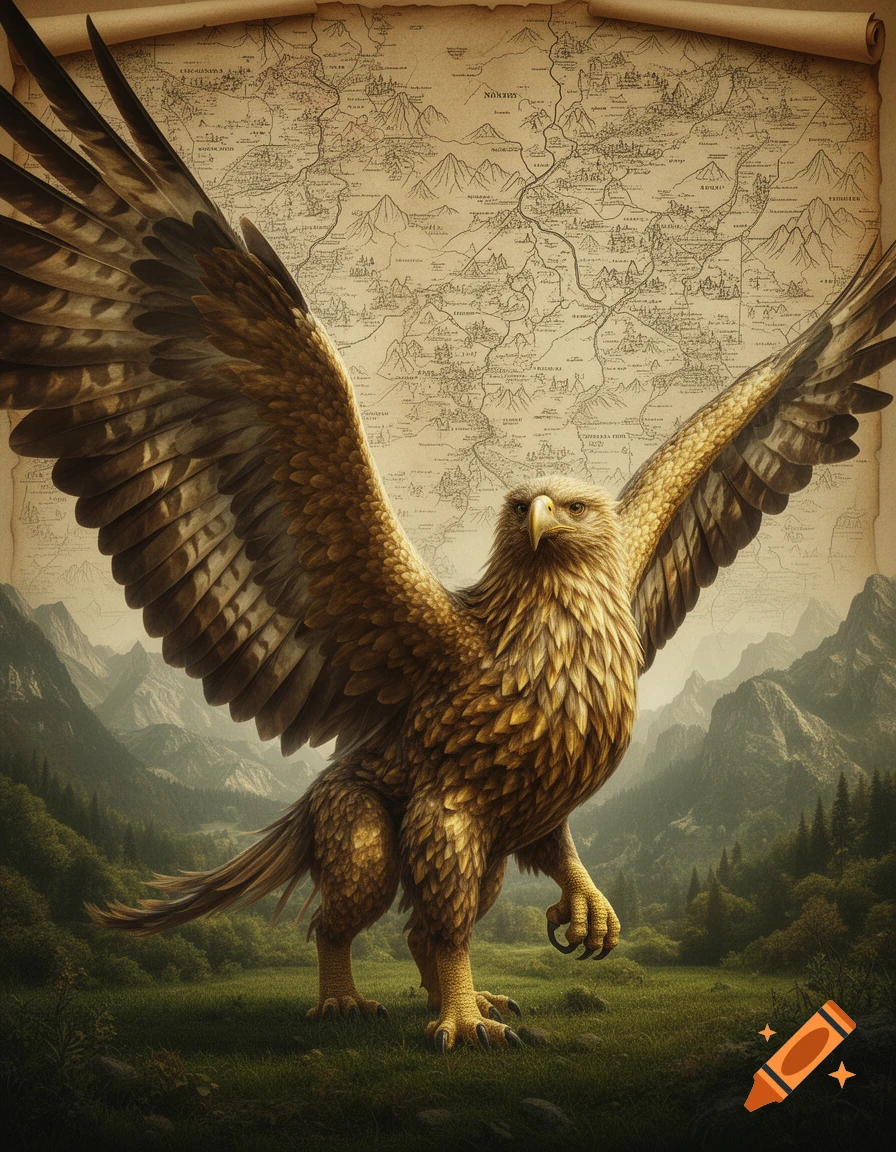 A majestic golden-feathered gryphon with outstretched wings stands in a grassy field before a backdrop of mountains and an ancient-style map.