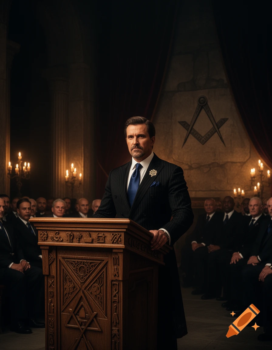A man in a pinstripe suit and blue tie speaks at an ornate wooden podium in a dimly lit, formal chamber with a large Masonic symbol on the wall.