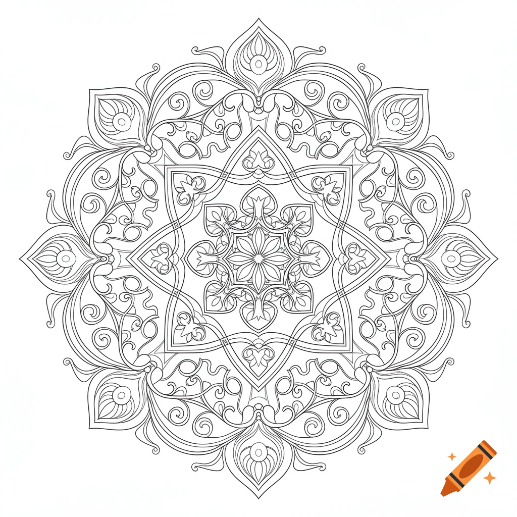 Intricate black and white symmetrical mandala design with floral and geometric patterns, suitable for a coloring book.