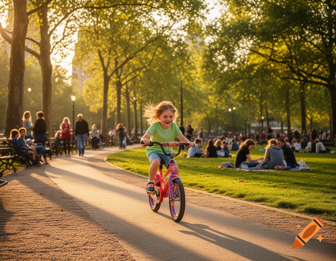 A smiling young girl with flowing hair rides a pink bicycle down a sunny park path, with people relaxing on the grass. Photorealistic.