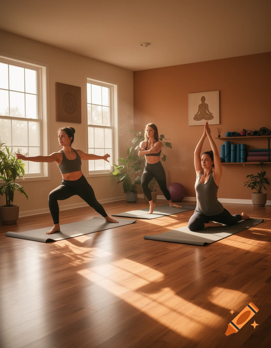 Three women practicing various yoga poses in a sunny studio with wooden floors and potted plants.