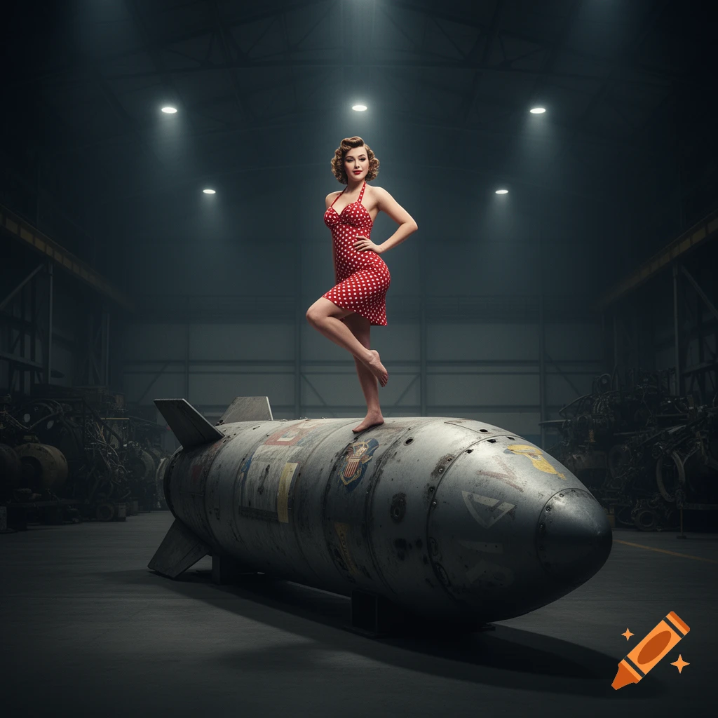 A pin-up woman in a red polka dot dress stands barefoot on a large bomb in a dimly lit industrial hangar.
