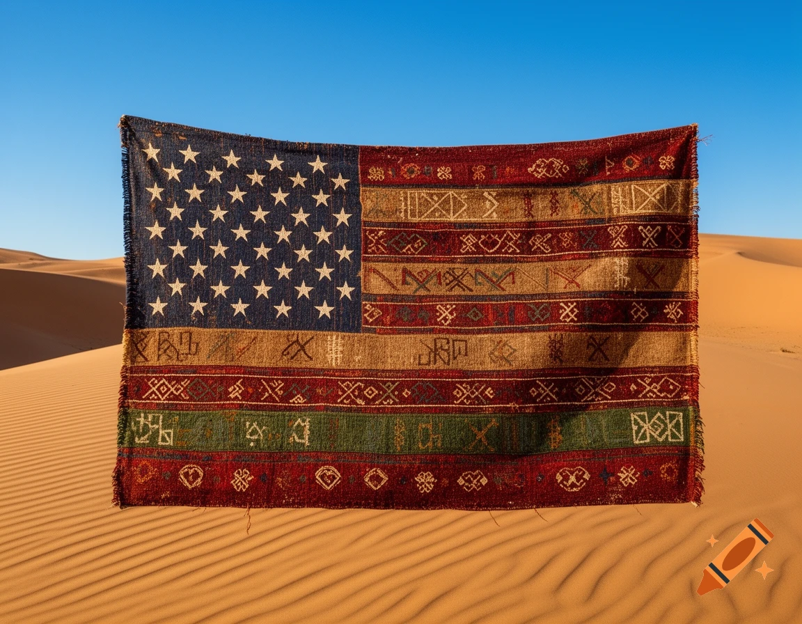A rug resembling the American flag with patterned, tribal-style stripes, standing in a vast desert under a clear blue sky.