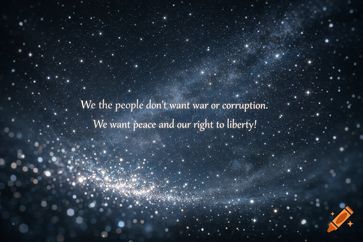 Inspirational quote 'We the people don't want war or corruption. We want peace and our right to liberty!' on a dark starry space background.