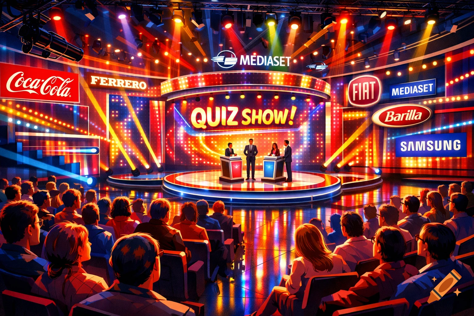 Vibrant illustration of a TV quiz show with a host, contestants, and an audience, surrounded by colorful lights, screens, and brand logos.