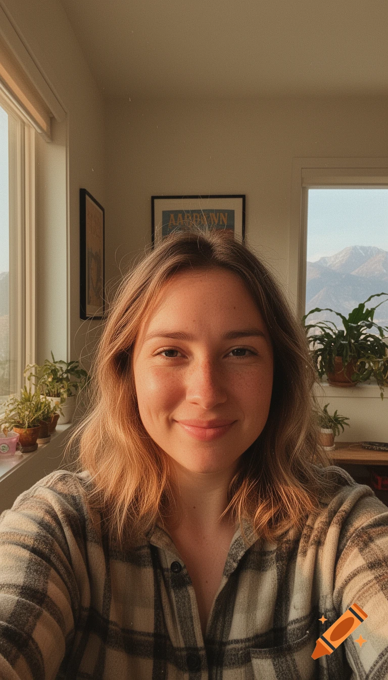 Smiling woman with light brown hair in a flannel shirt takes a selfie, soft natural light, indoor setting with plants and mountain view.