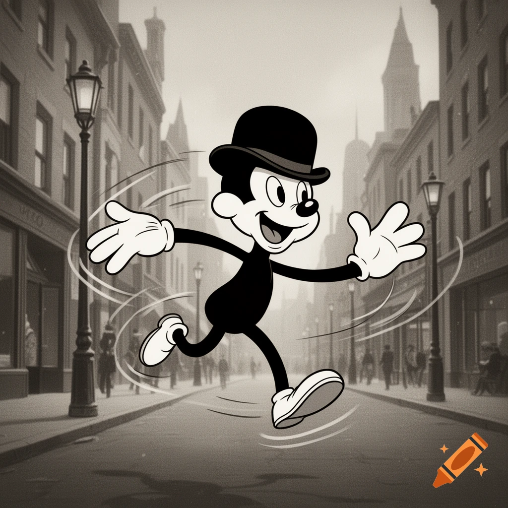 A vintage 1930s cartoon character resembling Mickey Mouse runs happily down a sepia-toned city street.