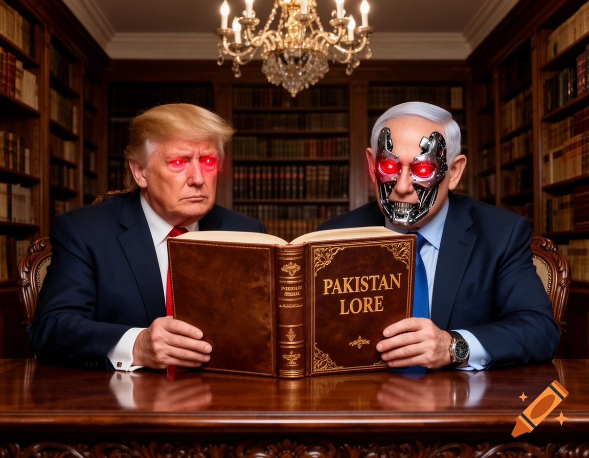 Donald Trump with glowing red eyes and Benjamin Netanyahu with a robotic face read a book titled 'PAKISTAN LORE' in a library.