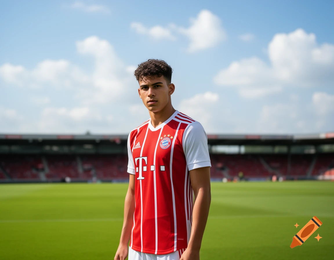 A young man with curly hair wearing a red and white Bayern Munich soccer jersey stands on a green field in a stadium under a blue sky.