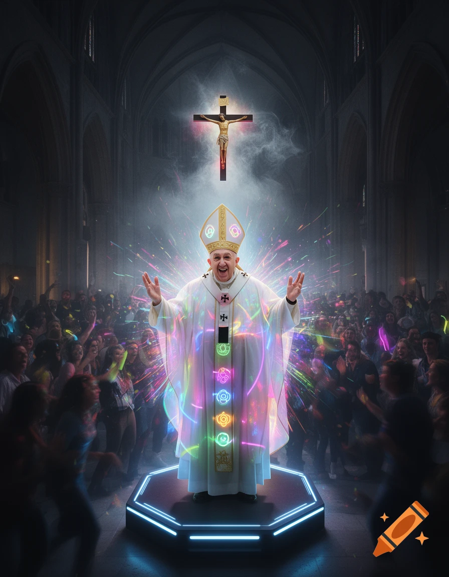 A smiling Pope in glowing vestments stands on a neon platform in a cathedral, surrounded by a rave crowd, with a glowing crucifix above.