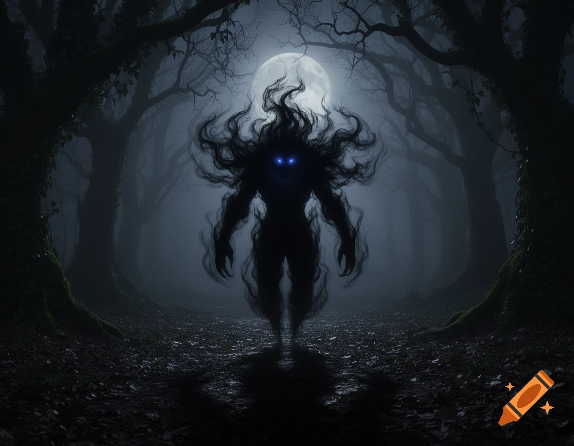 A shadowy creature with glowing blue eyes and wispy tendrils stands in ...