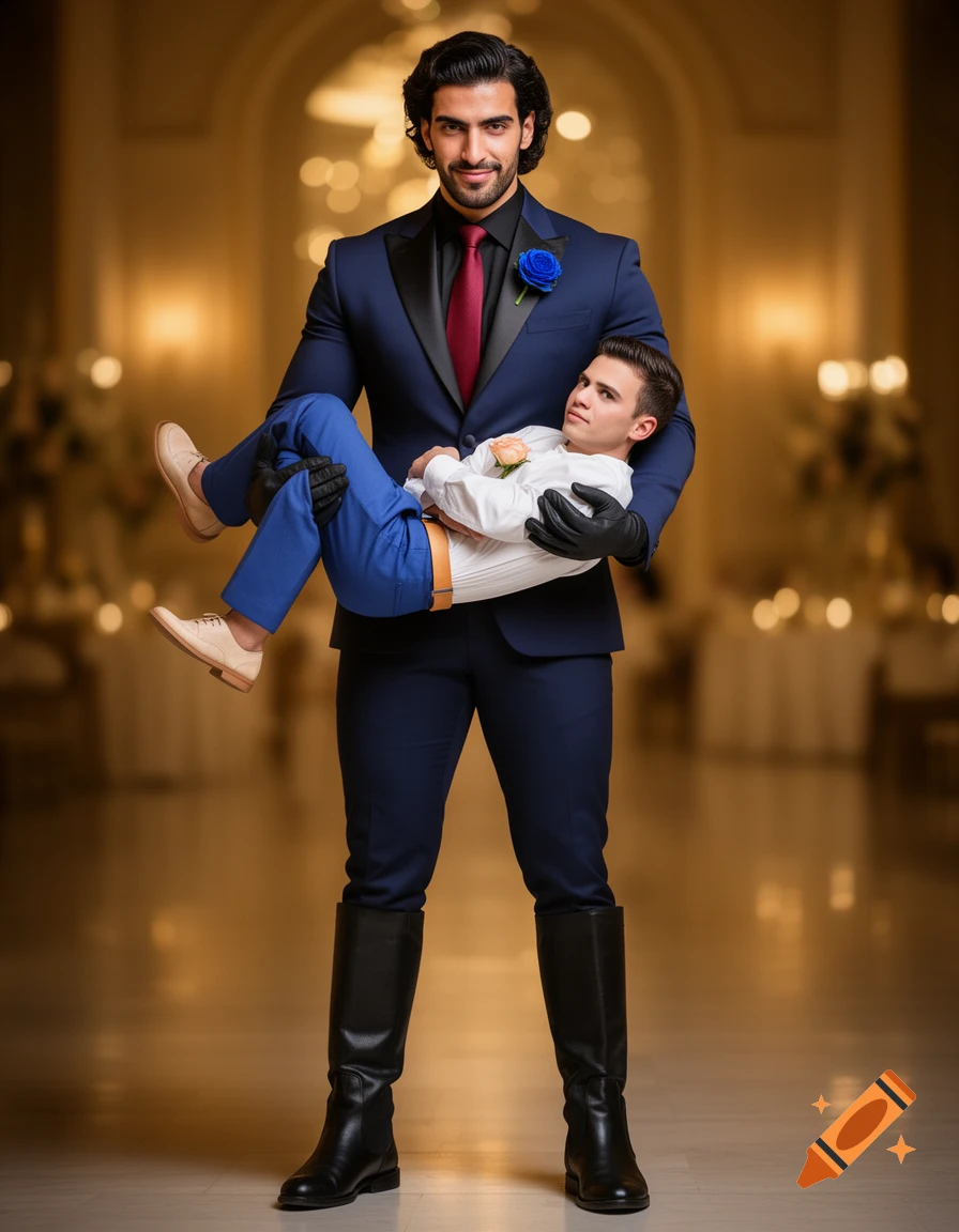 Photorealistic image of a tall man in a blue tux carrying a shorter man in a white shirt and blue pants, in a grand hall.