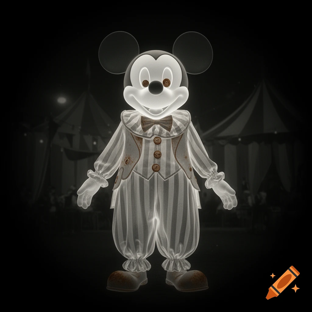 Glowing, eerie Mickey Mouse in a striped 1940s clown outfit stands in a dark carnival setting, rendered in a photo negative style.
